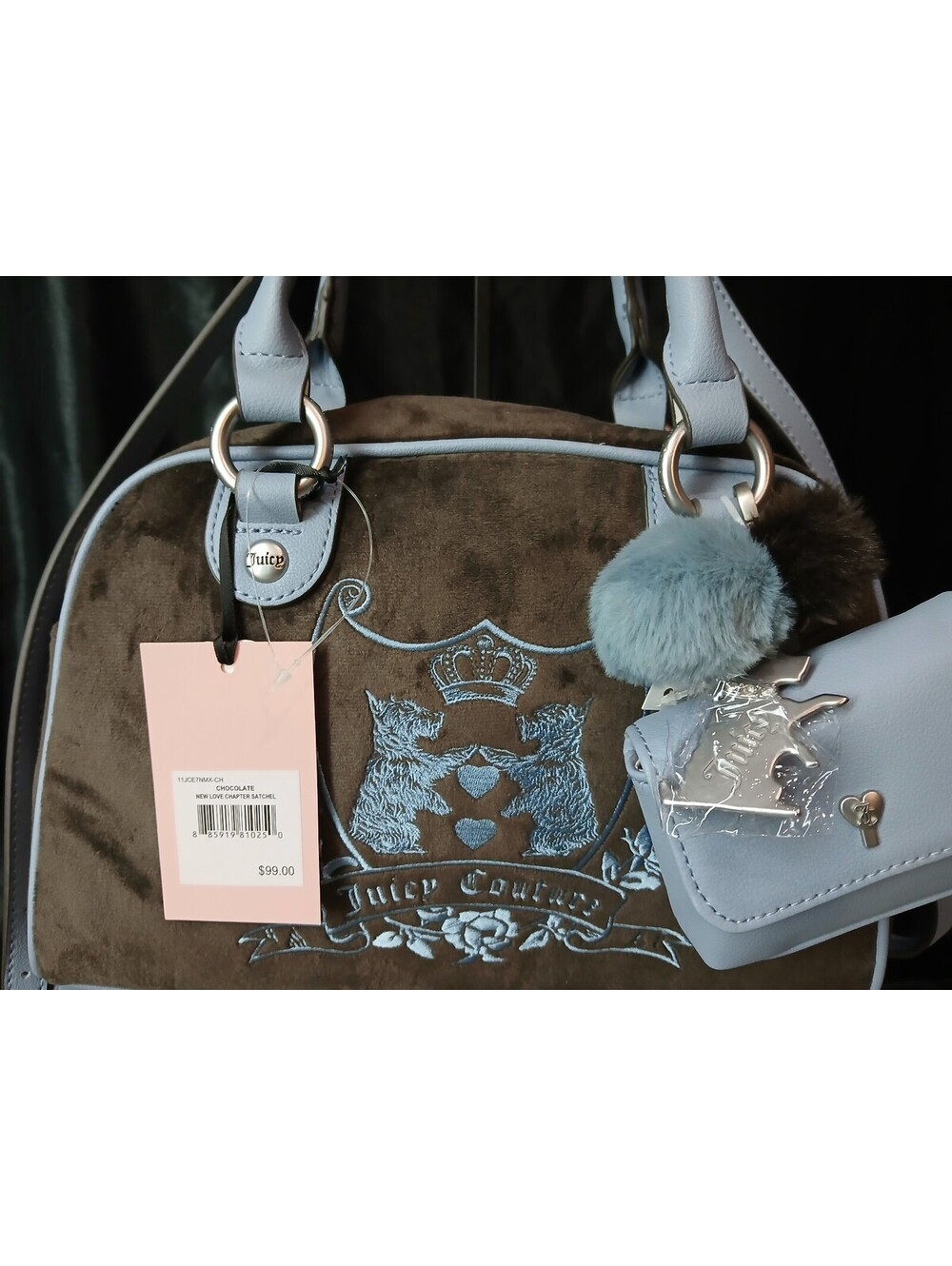 Juicy Couture New Love Chapter Scottie Dog Satchel Brown Blue NWT Chocolate - Picture 2 of 9